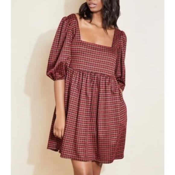 Hutch Square Neck Puff Sleeve Checker Plaid Mini Dress in Red Multi - Picture 1 of 8